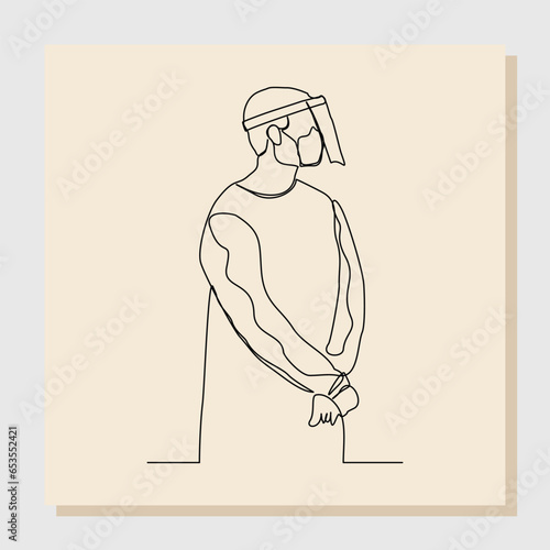 Continuous single one line sketch hand drawn drawing of man doctor in protective suit hazmat to protect body from virus and disease. Vector illustration