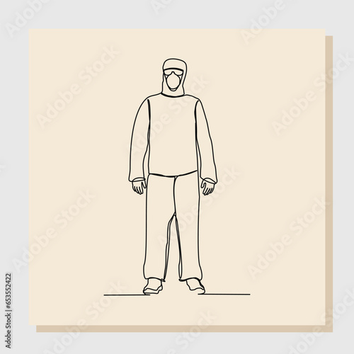 Continuous single one line sketch hand drawn drawing of man doctor in protective suit hazmat to protect body from virus and disease. Vector illustration