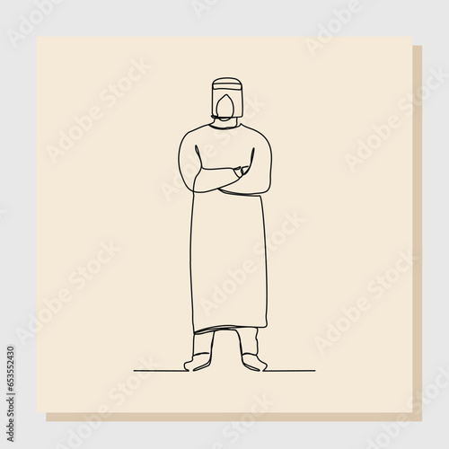 Continuous single one line sketch hand drawn drawing of man doctor in protective suit hazmat to protect body from virus and disease. Vector illustration