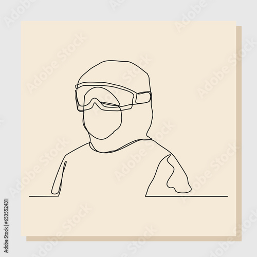 Continuous single one line sketch hand drawn drawing of man doctor in protective suit hazmat to protect body from virus and disease. Vector illustration