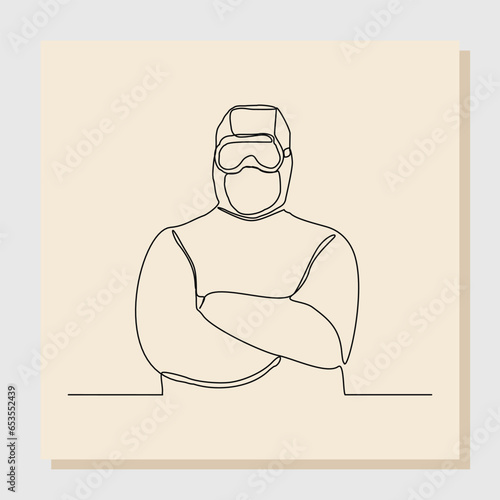 Continuous single one line sketch hand drawn drawing of man doctor in protective suit hazmat to protect body from virus and disease. Vector illustration