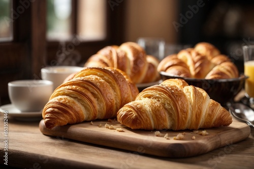 Croissants on a wooden table in a rustic kitchen. Continental breakfast.