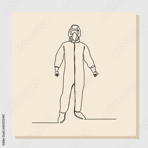 Continuous single one line sketch hand drawn drawing of man doctor in protective suit hazmat to protect body from virus and disease. Vector illustration