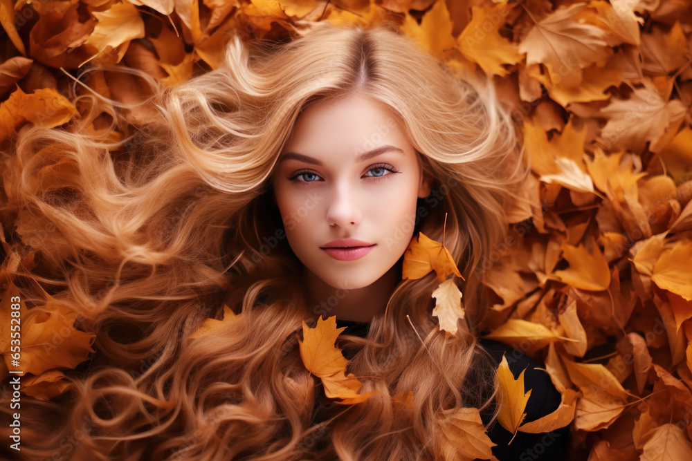 Beautiful fashion model woman face on autumn leafs, long blonde hair