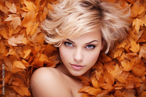 Beautiful fashion model woman face on autumn leafs, short blonde hair © pariketan