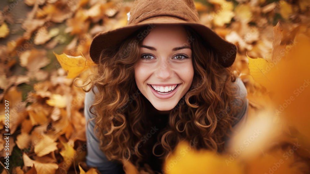 Beautiful fashion model woman face on autumn leafs, brunette girl Beautiful fashion model woman face on autumn leafs, brunette girl