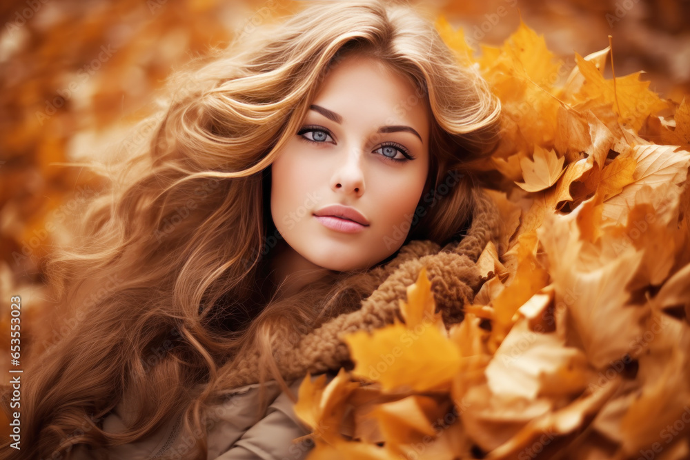 Beautiful fashion model woman face on autumn leafs, brunette girl Beautiful fashion model woman face on autumn leafs, brunette girl