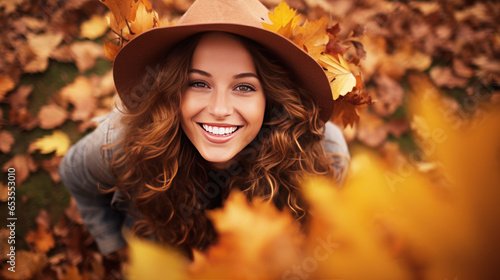 Beautiful fashion model woman face on autumn leafs, brunette girl