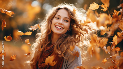 Beautiful fashion model woman face on autumn leafs, brunette girl