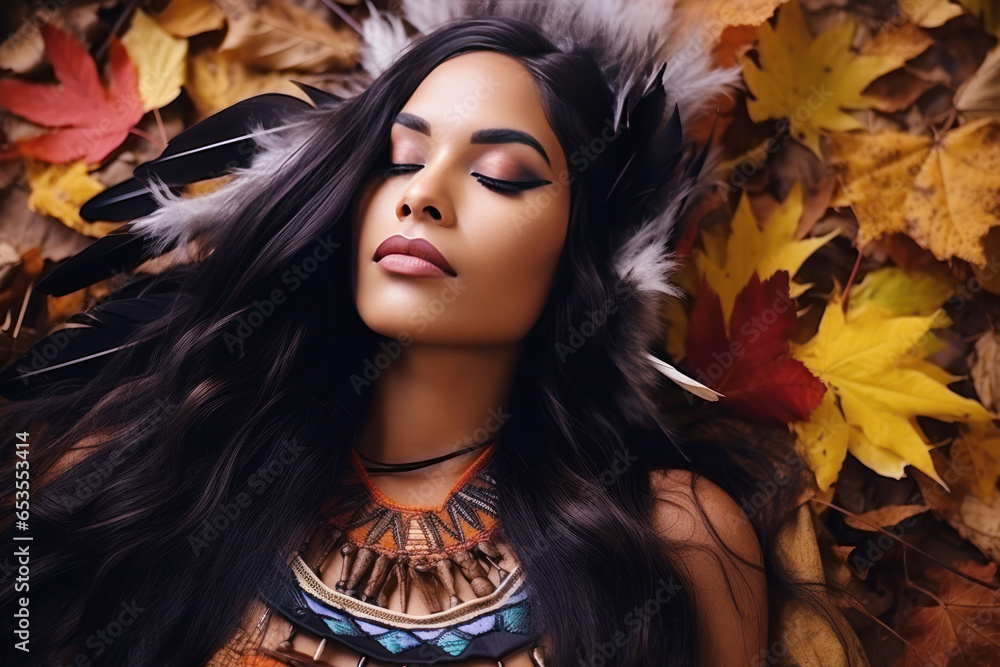 Indian fashion model woman face on autumn leafs, indigenous people Indian fashion model woman face on autumn leafs, indigenous people