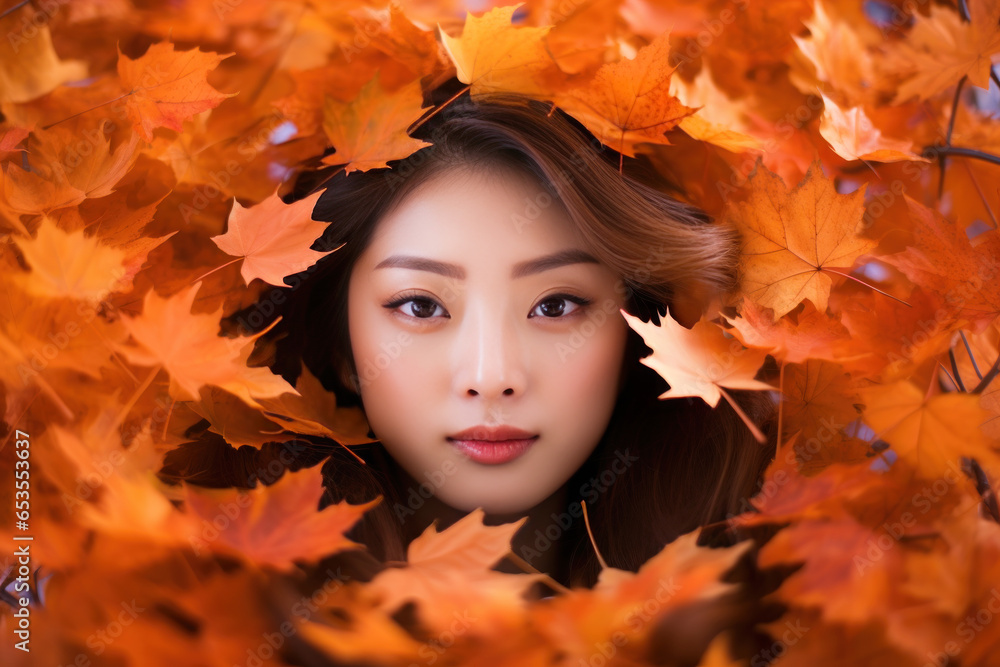 Japanese fashion model woman face on autumn leafs, long hair Japanese fashion model woman face on autumn leafs, long hair