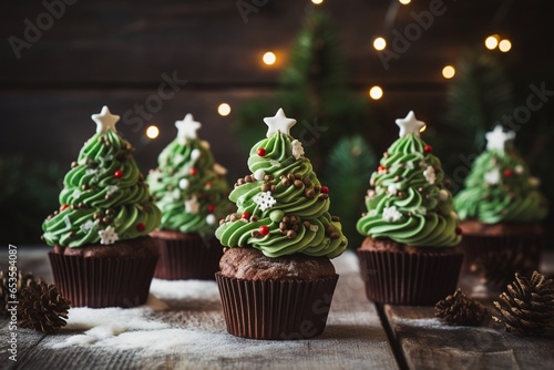 Christmas cupcakes decorated with green frosting and christmas tree.