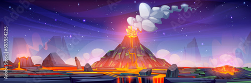 Volcanic eruption on night rocky landscape. Vector cartoon illustration of hot lava and cloud of steam flowing from mountain crater, cracked desert, prehistoric natural background, alien planet