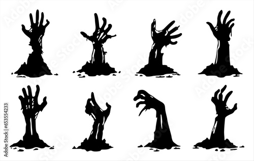 Halloween hand silhouette. Collection of zombie hand vector. Creepy zombie crooked lambs stick out of graveyard ground set vector illustration. Elements for halloween posters and design projects.