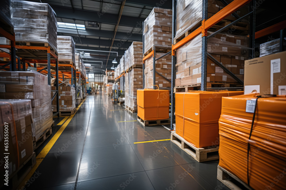 Large retail warehouse full of shelves with goods stored in cartons , Logistics and transportation for Product Delivery