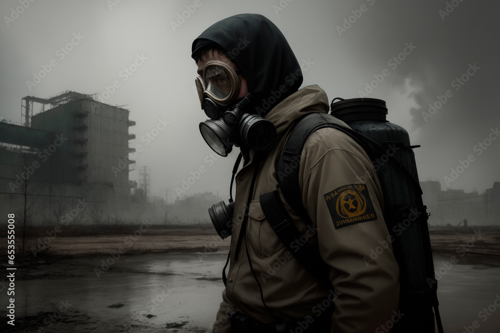Man in a gas mask, walking through an infected area. Generative AI Man in a gas mask, walking through an infected area. Generative AI
