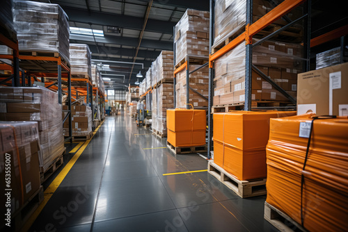 Large retail warehouse full of shelves with goods stored in cartons , Logistics and transportation for Product Delivery