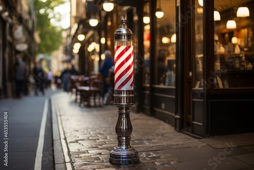 Fototapeta Classic barber shop pole spinning outside a charming barbershop, Generative AI