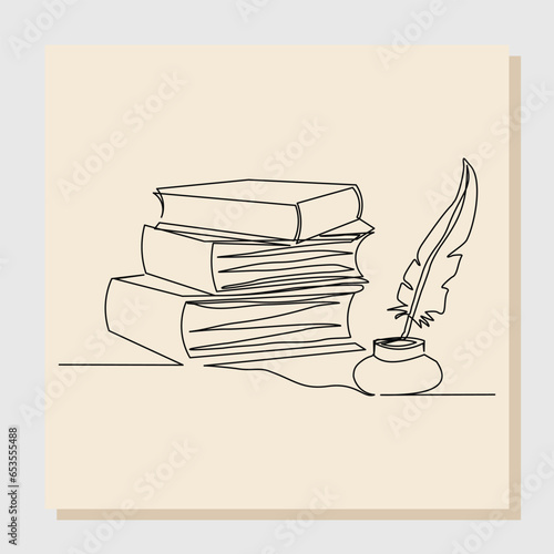 Continuous single line sketch hand drawn drawing of quill pen ink and stack of book. One line art concept of vintage brush pen signature and lettering. Vector illustration