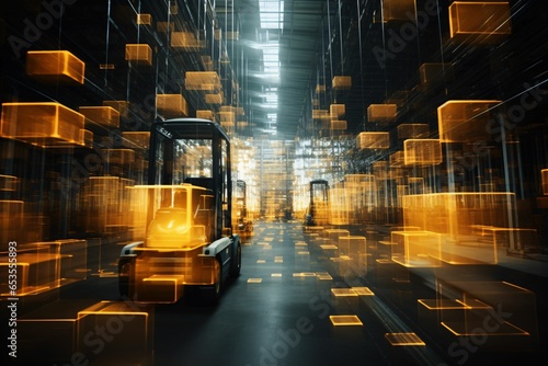 a vast storage facility, forklifts and workers move in orchestrated harmony. Their swift paths are transformed into ghostly trails, showcasing the dynamic pulse of everyday logistics