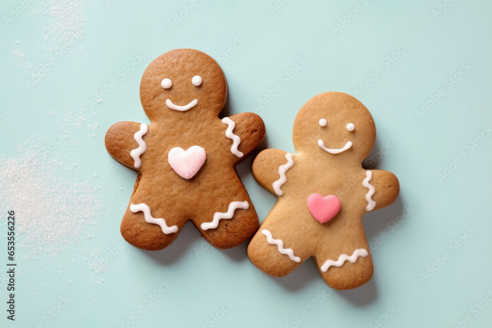 Two cute gingerbread men with hearts on blue background Two cute gingerbread men with hearts on blue background