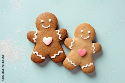 Two cute gingerbread men with hearts on blue background