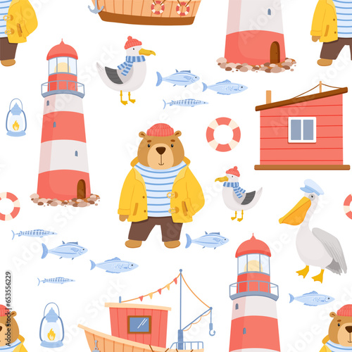 Seamless childish pattern with cute sailor bear, seagull and lighthouse. Funny vector characters on white background