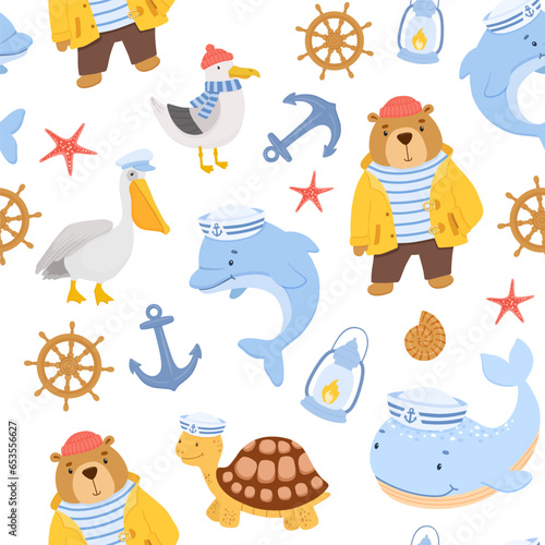 Seamless childish nautical pattern with cute sailor bear, seagull and dolphin. Funny vector characters on white background