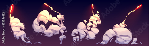 Rocket smoke trail effect with flame, missile speed fire illustration. Bomb cloud launch in air isolated cartoon vector element. Comic manga spaceship boost motion firework graphic clipart for game