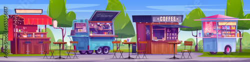 Street food market stall cartoon vector. Shop booth marketplace with tent for outdoor festival in city park illustration. Hamburger on table near chair. Traditional court for snack or juice.