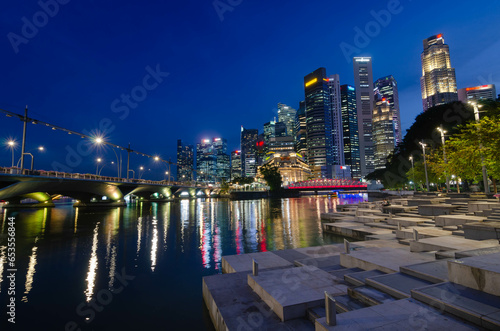 landscape view at marina bay water front area with skyscraper highrise building skyscrapers in the central business district of Singapore.Singapore city skyline with skyscraper building