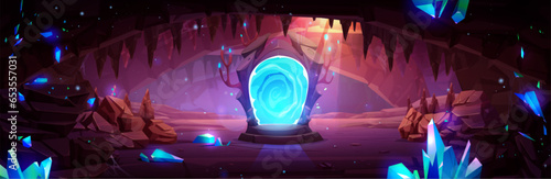 Dark cave with gemstones and magic portal. Vector cartoon illustration of underground dungeon with sparkling mineral stones, rocky stalactites on walls, teleport mirror glowing with neon blue light