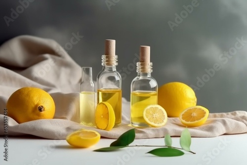Organic natural skincare treatment with lemon oil bottle for body spa. Generative AI