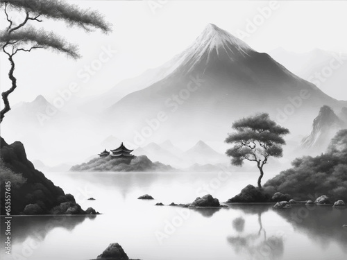Watercolor and ink illustration of chinese landscape with pagoda and mountains in style sumi-e, u-sin. Traditional asian architecture. Oriental traditional painting.