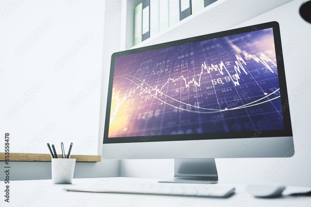 Modern computer screen with abstract creative financial chart, research and analytics concept. 3D Rendering Modern computer screen with abstract creative financial chart, research and analytics concept. 3D Rendering