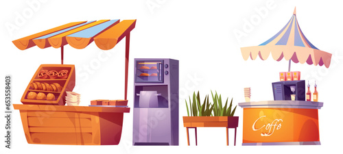 Street bakery and cafe stall set isolated on white background. Vector cartoon illustration of coffee machine under umbrella, fresh baked pastry on display, bread in oven, green grass in wooden box