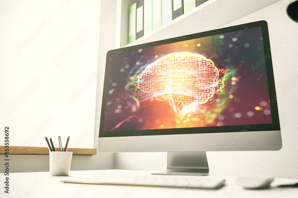 Fototapeta premium Creative artificial Intelligence concept with human brain sketch on modern laptop monitor. 3D Rendering