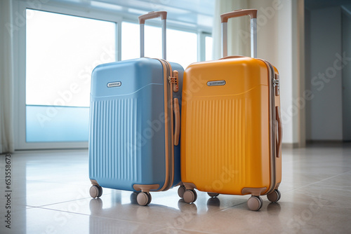 The shot of a yellow suitcase luggages placed on the floor near the window at the airport with morning lights, Generative AI.