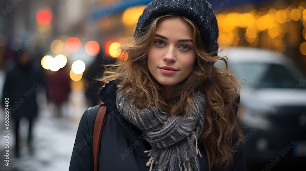 portrait of a Young Woman ion a Street in the winter, bokeh copy space