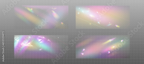 Prism rainbow light with flare effect background. Crystal glass overlay texture with diamond iridescent gradient. 3d aurora refraction png vector filter. Holographic disco camera transparent pattern