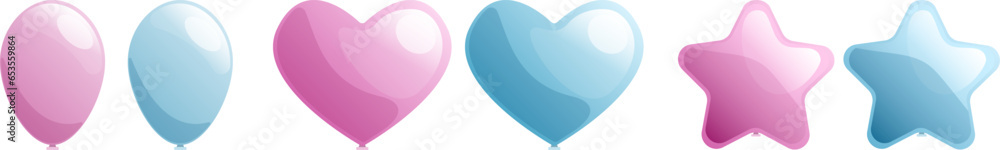 Set of pink and blue balloons of circle heart and star shape for gender reveal party isolated Set of pink and blue balloons of circle heart and star shape for gender reveal party isolated