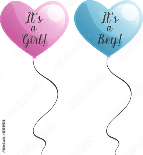 Heart shaped pink and blue balloons with girl or boy text for gender reveal party isolated