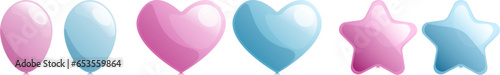 Set of pink and blue balloons of circle heart and star shape for gender reveal party isolated