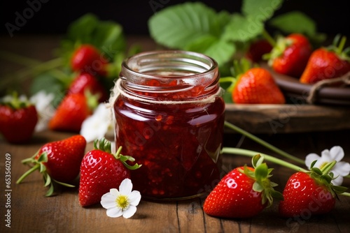 Strawberry jam in a jar surrounded by organic strawberries. Selective focus with blurred foreground and background. Generative AI