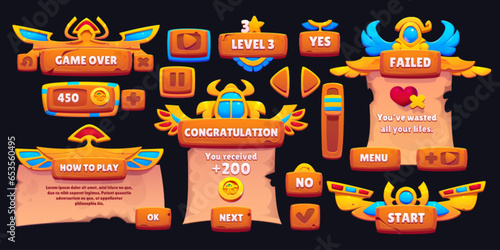 Egyptian ui game interface cartoon vector icon. Egypt menu design element set with level frame, progress bar, papyrus congratulation popup and failed sign. 2d wooden casual app concept with scroll