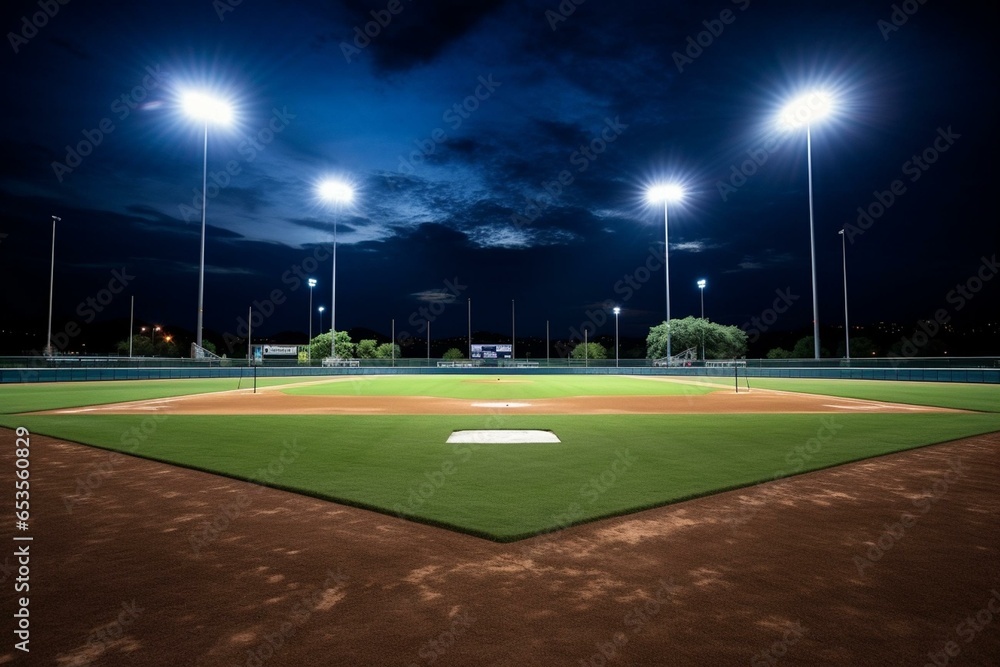 Experience thrilling evening softball with captivating stadium lights. Generative AI