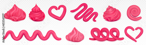 Pink whipped cream design elements for pastry isolated on transparent background. Vector realistic illustration of creamy decoration for dessert, abstract and heart shape swirl lines, topping for cake