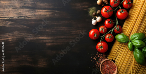 Italian pasta lies on a dark countertop along with basil and tomatoes. Flat top conceptual image from above with negative space for Italian cooking