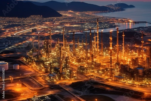 Aerial twilight view of a massive industrial refinery complex for oil and gas. Generative AI