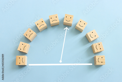 Top view image of barometer with of happy and sad face. concept of happiness emotion and satisfaction photo